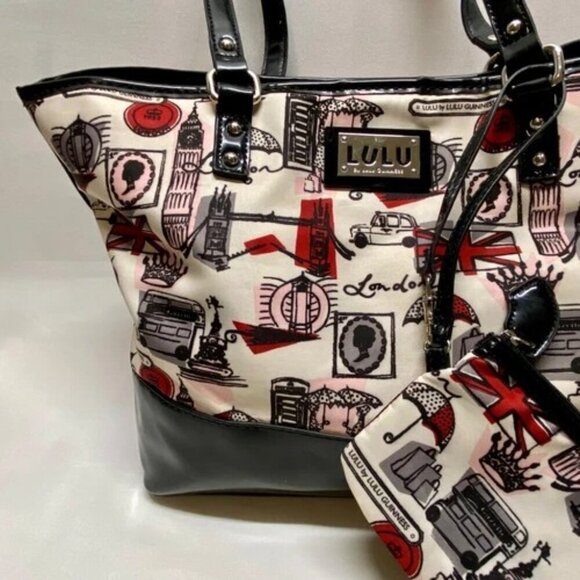 LULU by Lulu Guinness London Hand Bag Purse White Red Black Print Tote & Pouch - Picture 3 of 14